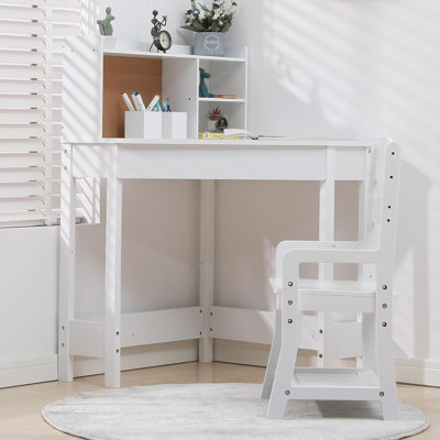 Kids Study Desk and Chair Set – Corner Wooden Homework Table with Hutch, Adjustable Chair, Cork Board & Storage