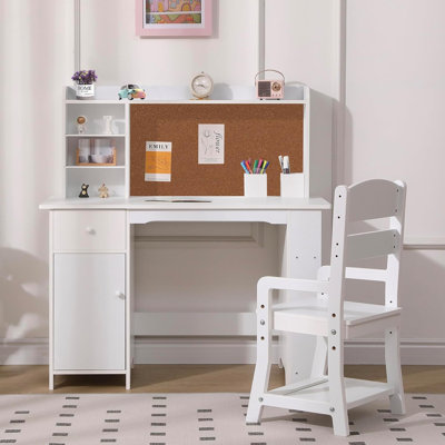 Kids Study Desk and Chair Set, Wood Desk with Bookshelf, Bulletin Board, and Storage Cabinets – Ideal for Boys and Girls Ages 3-8