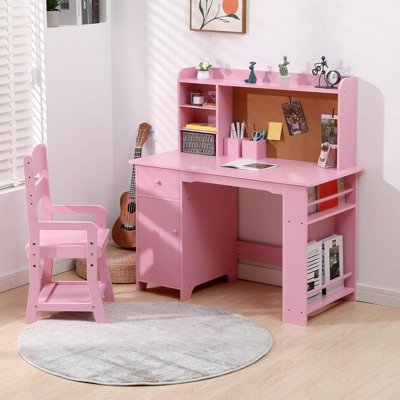 Kids Study Desk and Chair Set, Wood Desk with Bookshelf, Bulletin Board, and Storage Cabinets – Ideal for Boys and Girls Ages 3-8 by Lark Manor