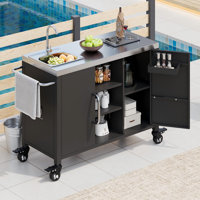 Opaline 55.5" Outdoor Kitchen Island With Stainless Steel Tabletop With Lockable Wheels