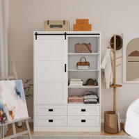 Wardrobe Closet With 4 Drawers, Large Storage Bedroom Armoires With Sliding Door And Hanging Rod For Bedroom by Gracie Oaks