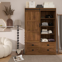 Wardrobe Closet With 4 Drawers, Large Storage Bedroom Armoires With Sliding Door And Hanging Rod For Bedroom by Gracie Oaks