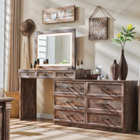 69" W Large Vanity Desk with 30" Lighted Mirror & 9 Drawers, Farmhouse Corner Makeup Table with Glass Top by Millwood Pines