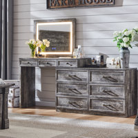 69" W Large Vanity Desk with 30" Lighted Mirror & 9 Drawers, Farmhouse Corner Makeup Table with Glass Top by Millwood Pines