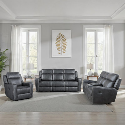 Jacopo Traditional Reclining 3-Piece Living Room Set with Polished Microfiber Upholstery, Stylish Nailhead Trim & Dacron Wrapped High-Density Foam Com