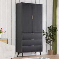 Tall Storage Cabinet With Drawers And Adjustable Shelves, Fluted Panel Accent Cabinet With Gold Handles For Living Room, Kitchen, Or Entryway by George Oliver