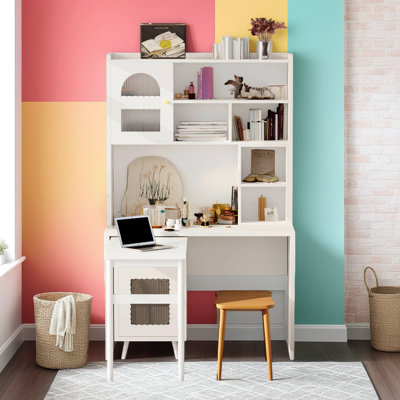 43x70 Inch Rotating Computer Desk with Storage Cabinets, Drawer, Shelves and 90° Swivel Extension by George Oliver