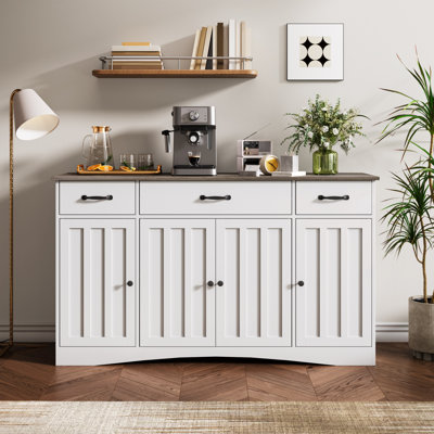 Modern Farmhouse Sideboard Buffet Cabinet with Drawers and Doors, Two-Tone Wood Grain & White Beadboard, Adjustable Shelves, Durable Wood Construction