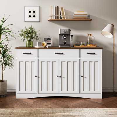 Modern Farmhouse Sideboard Buffet Cabinet with Drawers and Doors, Two-Tone Wood Grain & White Beadboard, Adjustable Shelves, Durable Wood Construction