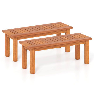 2 Pcs 2-person Outdoor Backless Bench With Slatted Seat Rustic Wooden Entryway Bench