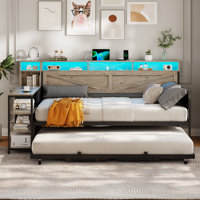 Daybed With Pop Up Trundle, Farmhouse Day Bed Frame With 3 Storage Drawers And Shelves, Daybed With Charging Station And Led Lights For Bedroom, Guest by Ivy Bronx