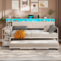 Daybed With Pop Up Trundle, Farmhouse Day Bed Frame With 3 Storage Drawers And Shelves, Daybed With Charging Station And Led Lights For Bedroom, Guest by Ivy Bronx