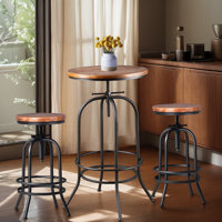Industrial Bar Table-37.4 Inch-45.3 Inch Tall-Swivel Adjustable Bar Height Bistro Pub Table- Round Wood Top Metal Base (Black/Brown) by 17 Stories