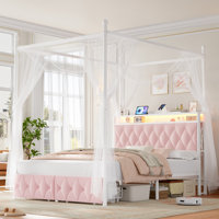 👑 LED Canopy Bed Frame with USB Charging & Drawers, Metal Bed Frame with 2-Tier Shelves, Canopy Bed Convertible to Platform Storage Bed by Wrought Studio