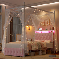 👑 LED Canopy Bed Frame with USB Charging & Drawers, Metal Bed Frame with 2-Tier Shelves, Canopy Bed Convertible to Platform Storage Bed by Wrought Studio