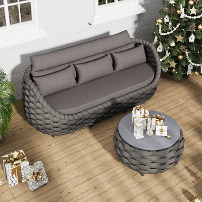 3 - Person Polyester Rope Altuminum Frame Outdoor Patio Sofa With Cushions And Coffee Table For Cabin Deck Balcony Porch Sunroom Conversation Room Liv by Ebern Designs