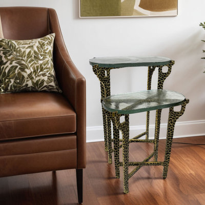 Ignis Nesting Table, 26" Recycled Glass & Hammered Brass Aluminum Set by Wrought Studio