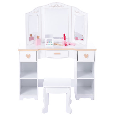 Kids Vanity Set with Mirror, Drawers & Stool – Pretend Makeup Table with Wooden Beauty Toys & Storage Organizer by Harriet Bee