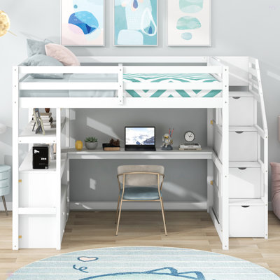 Full Size Loft Bed With Desk And Shelves, Two Built-In Drawers, Storage Staircase