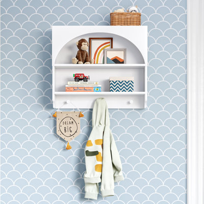 Kids Curve Appeal Wall Shelf With 3 Hooks – White by RiverRidge Home