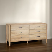 Cady 6 Drawers, 66 Inch Wide Dresser, Handcrafted Natural Oak White Mango Wood, Black Handles by Hokku Designs