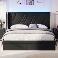 Upholstered LED Bed Frame with Storage Drawers and Wingback Headboard