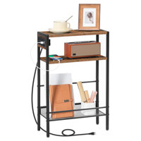 Small Narrow Side Table With Charging Station,  Slim Nightstand With USB Ports Outlet, Sofa Beside Table With Storage Shelf,(Rustic Brown And Black) by 17 Stories