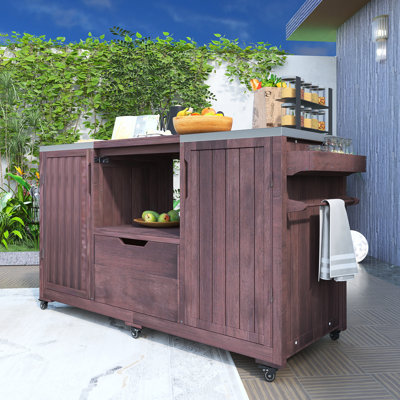 Outdoor Kitchen Island For Big Green Egg Grills, Solid Wood Outdoor Grill Cart For Tabletop Grill With Stainless Steel Top by Lark Manor