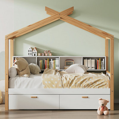 Charming Wooden House Bed with with Two Drawers and Bookshelf Storage Space by Harper Orchard