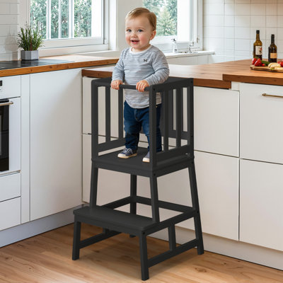Anti-tip Kids Kitchen Step Stool, Natural-bamboo Toddler Standing Tower With Anti-drop Bar by Harriet Bee