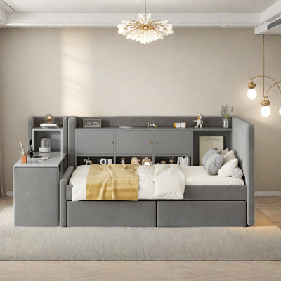 Upholstered Daybed With 2 Drawers, Storage Shelves, Flip Cabinets & Side Table, Vertical Striped Design by Hokku Designs
