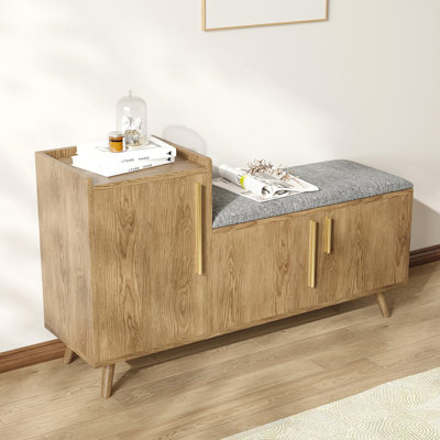 Walnut Wooden Shoe Storage Bench With Left-Side Cabinet For Entryway (47")