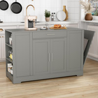 53" Kitchen Island, Tilt Out Trash Can Holder & Solid Wood Top, Breakfast Bar W/3-Layer Side Shelf, Large Storage Cabinet W/Adjustable Shelve by Winston Porter