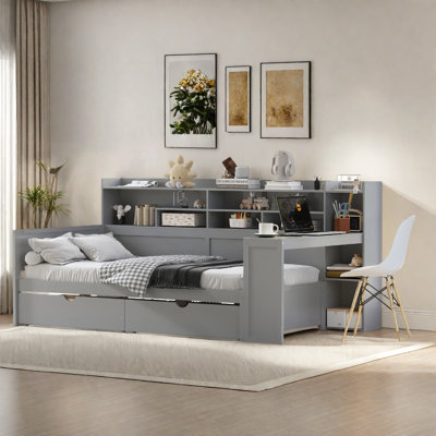Wooden Multi-Functional Daybed With Storage Shelves, 2 Drawers And Study Desk