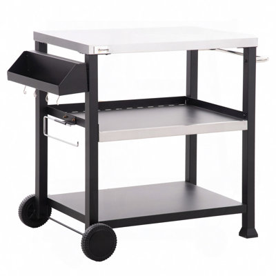 Three-Shelf Outdoor Grill Cart With Stainless Steel Tabletop, Side Handle, Multifunctional Pizza Oven Stand, Movable Food Prep Table On Wheels, Black by Latitude Run