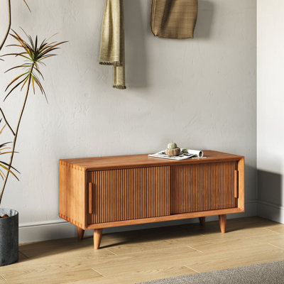 39.4" Wooden Storage Bench With Storage Sliding Doors Natural Pine Wood by Corrigan Studio