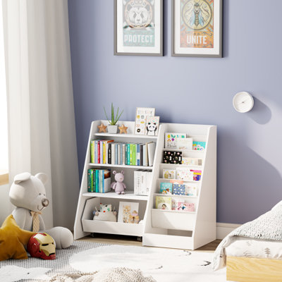 Bookshelf for Kids Rooms,4 - Tier Kids Bookshelf with Movable Drawer and 5 Sling Pockets - Toddler Toy Storage for Bedroom/Playroom/Nursery