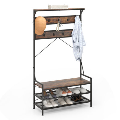 Coat Rack 4-in-1 Hall Tree With 11 Hanging Hooks, Shoe Bench, 2-tier Shoe Rack by 17 Stories