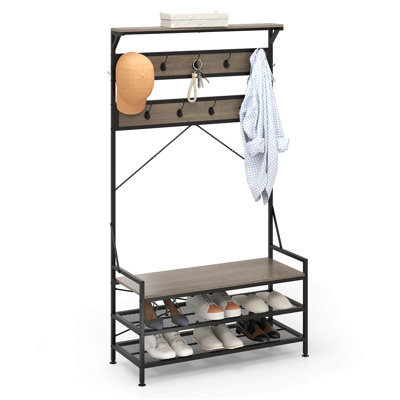 Coat Rack 4-in-1 Hall Tree With 11 Hanging Hooks, Shoe Bench, 2-tier Shoe Rack by 17 Stories