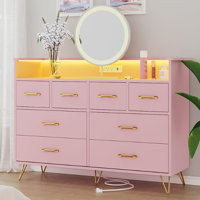 Dresser with Power Outlet and LED Lights, Wood 8 Drawer Dresser for Bedroom, Modern Chest of Drawers with Gold Handles and Open Storage Space for Clos by Wrought Studio