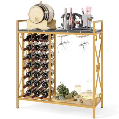21 Bottle Wine Rack Freestanding Floor Wine Bottle Organizer With Storage Shelf Black & Gold by Mercer41