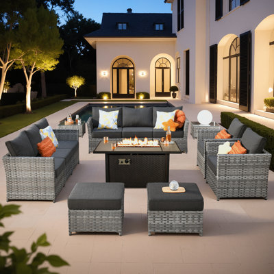 10-person Mostly No Assembly Required Outdoor Sectional With Cushions And Fire Pit,all-weather Wicker Patio Set by Lark Manor