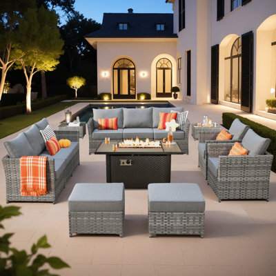 10-person Mostly No Assembly Required Outdoor Sectional With Cushions And Fire Pit,all-weather Wicker Patio Set by Lark Manor