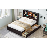 Full Size Wood Platform Bed With Bookcase Headboard, Built-In Downlight, Charging Station, And 2 Side Drawers, White