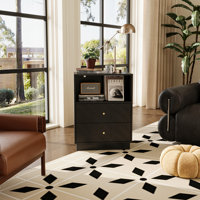 Black Wood Nightstand With Geometric Carved Front, 2 Drawers And Open Shelf, 23.6"W X 15.7"D X 31.5"H Bedroom Side Table by Ebern Designs