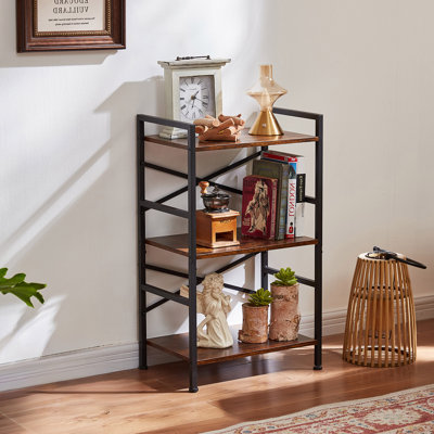 3-Tier Industrial Bookshelf, Rustic Wood and Metal Bookcase, Small Space Storage Shelf for Living Room, Bedroom, or Office by 17 Stories