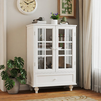 Minimalist White Buffet Cabinet With Double Glass Doors And Drawer, Modern Wooden Storage Sideboard Cupboard For Living Room, Dining Room Hallway Entr by Charlton Home