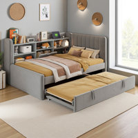 Twin Size Upholstered Daybed With Trundle, Storage Shelves, USB & Outlet
