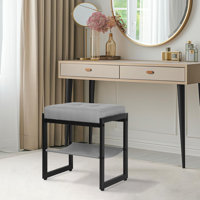 Vanity Stool, Linen Fabric Footstool, Bench With Storage Shelf, Makeup Dressing Stool For Dressing Table, Living Room