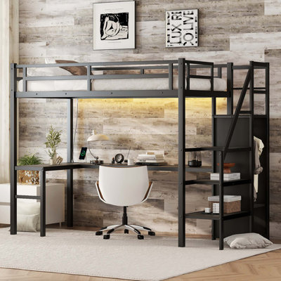 Loft Bed With L-Shaped Desk And USB, Metal Loft Bed With Wardrobe And Adjustable Shelf, High Loft Bed With LED by Isabelle & Max